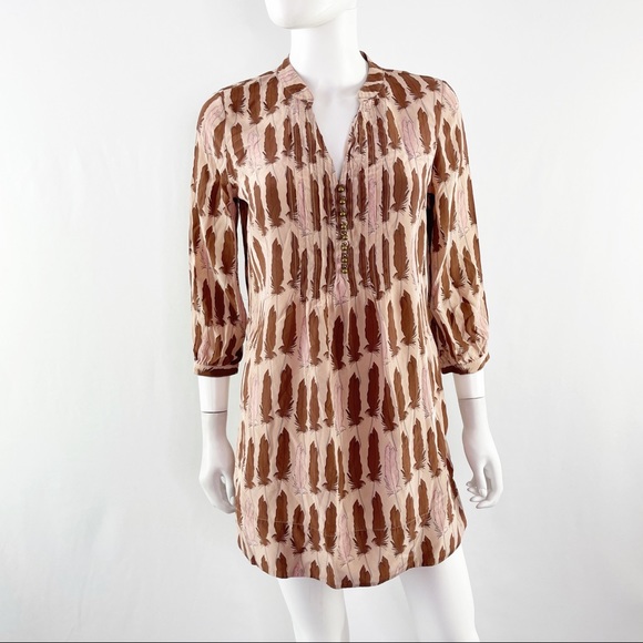 Fossil Dresses & Skirts - Fossil Size S Tan Long Sleeve Feather Print 100% Silk Tunic Dress
